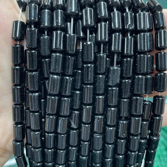 No_1316_Natural Black Stone Round Head Cylinder_6*10mm_(Sold Per Strand)