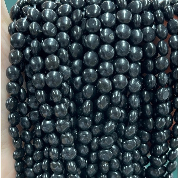 No_1354_Natural Black Stone Coin Beads_6mm_(Sold Per Strand)