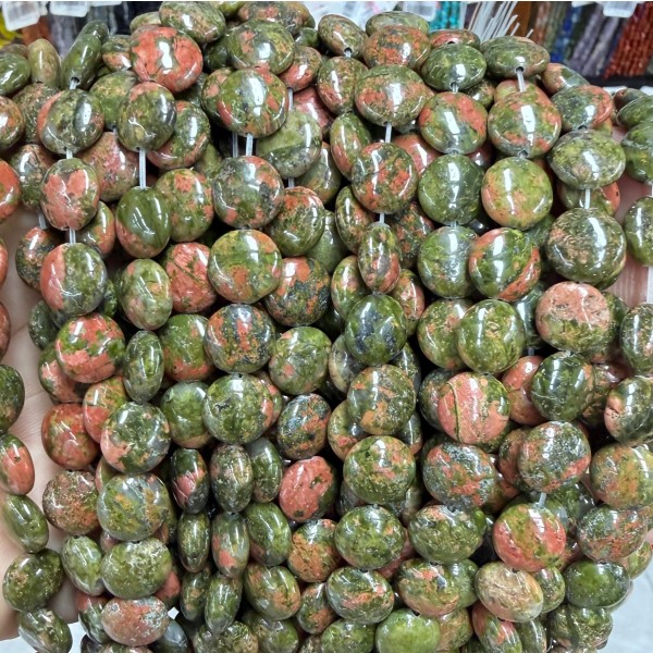 No_1514_Natural Unakite Coin Beads_10mm_(Sold Per Strand)