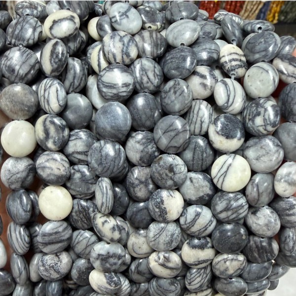 No_1538_Natural Black Grid Stone Coin Beads_10mm_(Sold Per Strand)