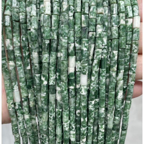 No_1657_Natural Green Dot Stone Hexagonal Cylinder_4*6mm_(Sold Per Strand)