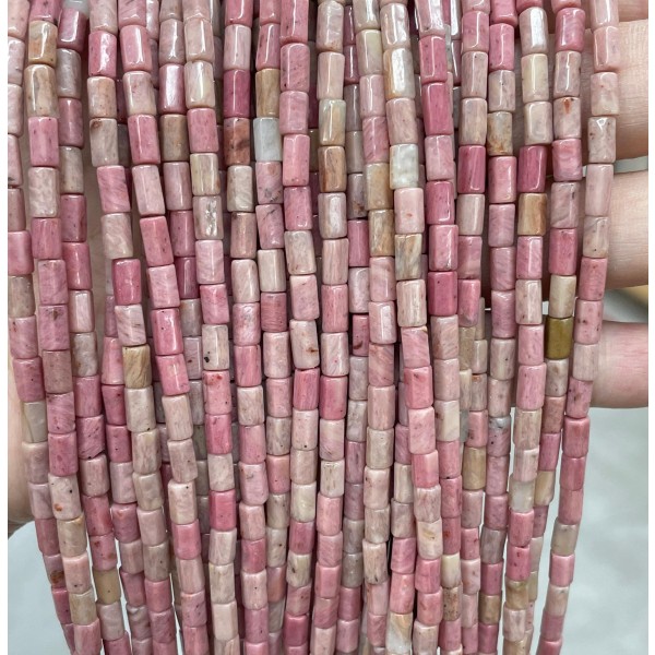 No_1659_Natural Rhodonite Hexagonal Cylinder_4*6mm_(Sold Per Strand)