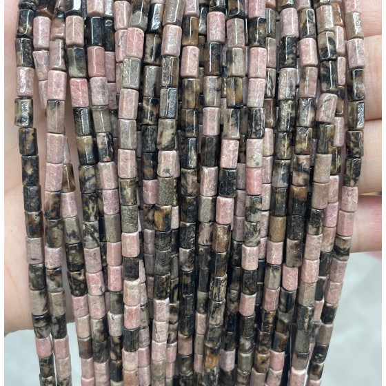 No_1663_Natural Black Line Rhodochrosite Hexagonal Cylinder_4*6mm_(Sold Per Strand)