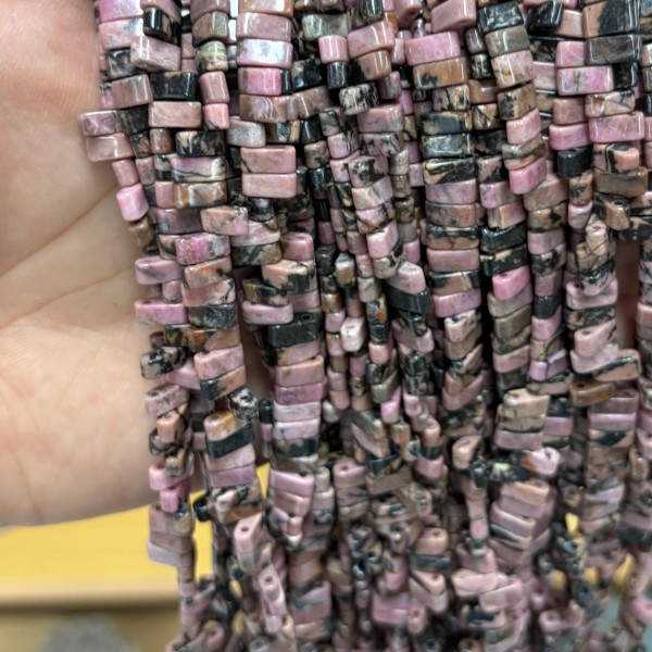 No_1746_Natural Black Line Rhodochrosite Double Hole Square Bead_8*3mm_(Sold Per Strand)