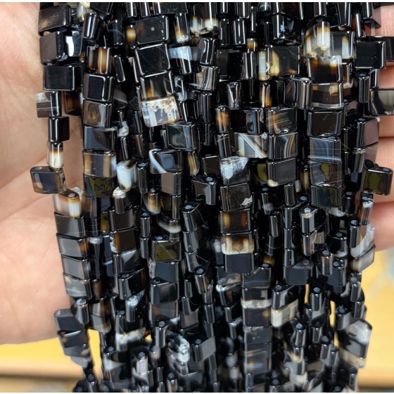 No_1780_Natural Black Striped Agate Double Hole Square Bead_8*6mm_(Sold Per Strand)