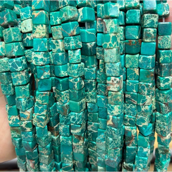 No_1898_Enhanced Hole Green Imperial Jasper Square Block Beads_6mm_(Sold Per Strand)