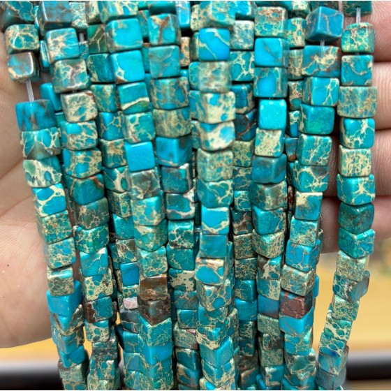 No_1901_Enhanced Hole Blue Imperial Jasper Square Block Beads_6mm_(Sold Per Strand)