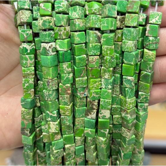No_1902_Enhanced Fruit Green Imperial Jasper Square Block Beads_6mm_(Sold Per Strand)