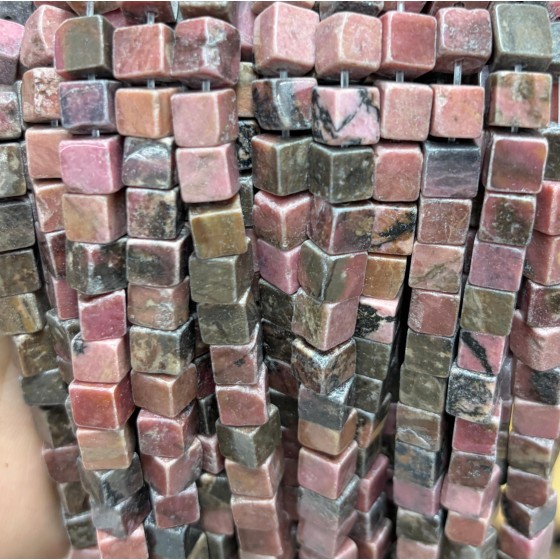 No_1936_Natural Black Line Rhodochrosite Square Block Beads_6mm_(Sold Per Strand)