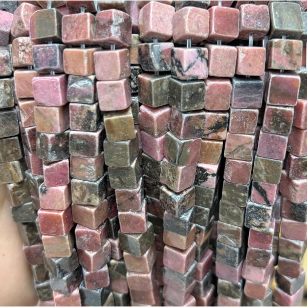 No_1936_Natural Black Line Rhodochrosite Square Block Beads_6mm_(Sold Per Strand)