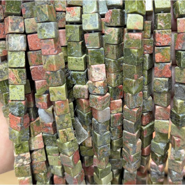 No_1957_Natural Unakite Square Block Beads_6mm_(Sold Per Strand)