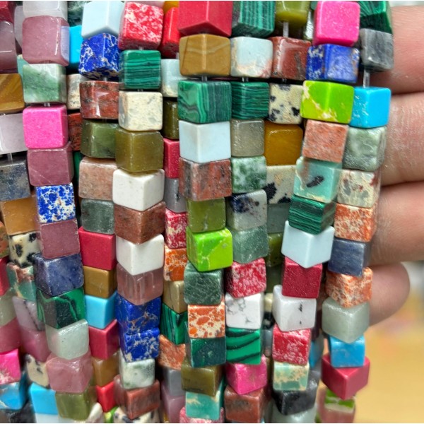 No_1959_Mixed Color Stone Square Block Beads_6mm_(Sold Per Strand)