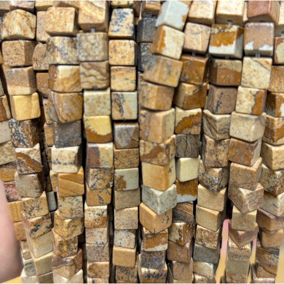 No_1961_Natural Picture Jasper Square Block Beads_6mm_(Sold Per Strand)