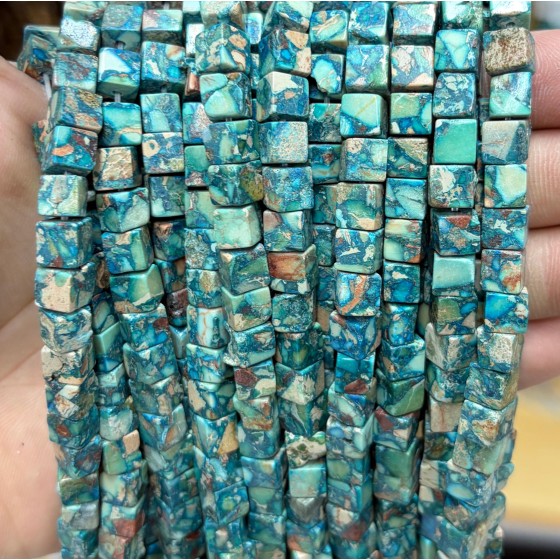 No_1963_Enhanced Blue Green Imperial Jasper Square Block Beads_6mm_(Sold Per Strand)
