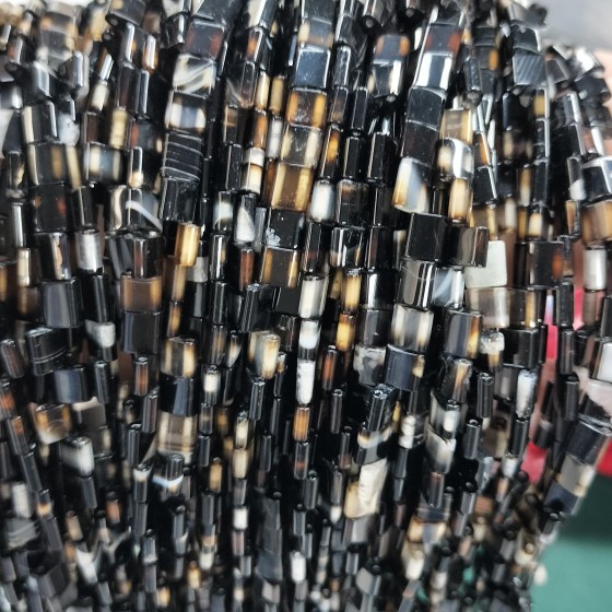 No_235_Natural Black Striped Agate Double Hole Square Bead_5*5mm_(Sold Per Strand)