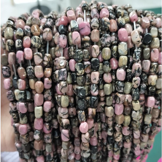 No_294_Natural Black Line Rhodochrosite Rectangle Nugget_4*7mm_(Sold Per Strand)