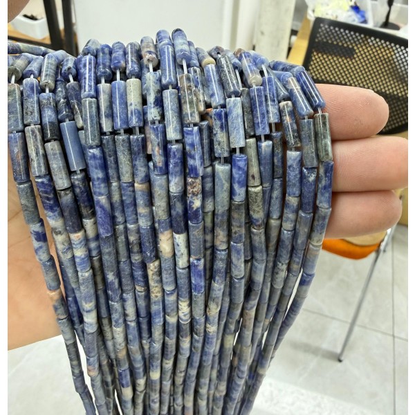 No_2129_Natural Sodalite Round Tube_4*13mm_(Sold Per Strand)