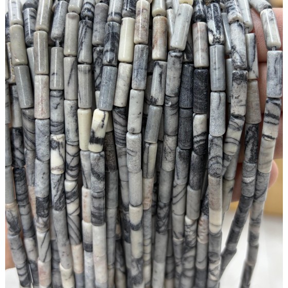 No_2162_Natural Black Grid Stone Round Tube_4*13mm_(Sold Per Strand)