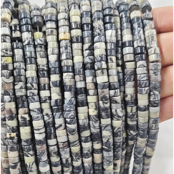 No_2346_Natural Black Grid Stone Disc (heishi) Spacer Beads_6*3mm_(Sold Per Strand)