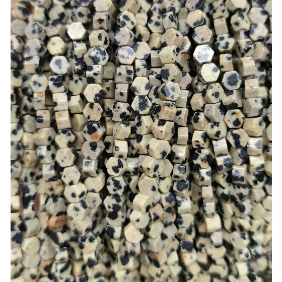 No_2617_Natural Dalmatian Stone Stone Center Drilled (long) Hexagonal Bead_4mm_(Sold Per Strand)