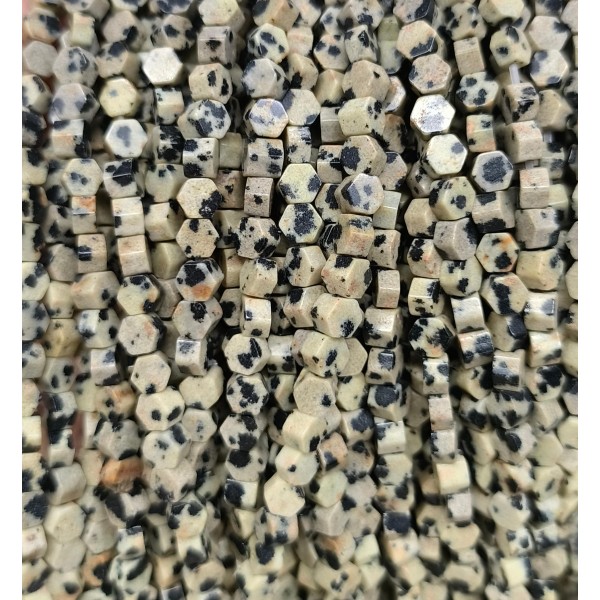 No_2617_Natural Dalmatian Stone Stone Center Drilled (long) Hexagonal Bead_4mm_(Sold Per Strand)