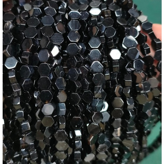No_2621_Natural Black Agate Center Drilled (long) Hexagonal Bead_6mm_(Sold Per Strand)