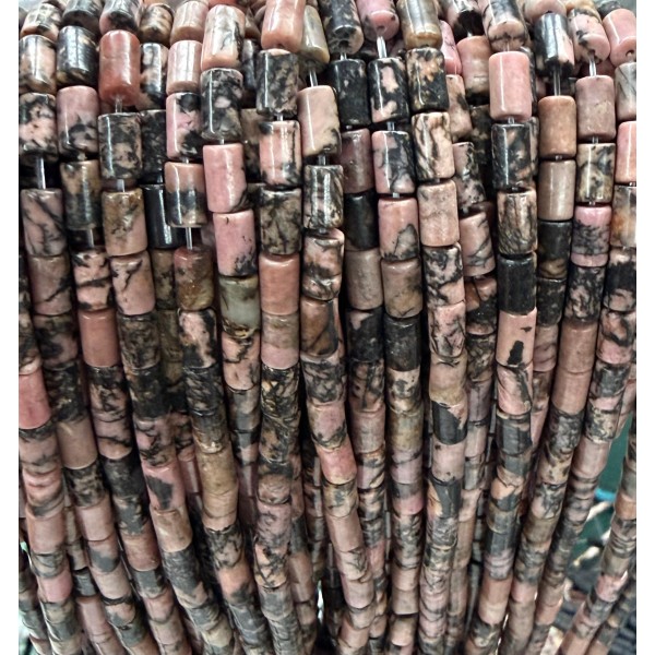 No_2650_Natural Black Veined Rhodochrosite Cylinder_5*8mm_(Sold Per Strand)