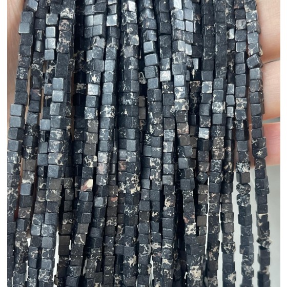 No_385_Synthetic Black Imperial Jasper Cube Beads_3mm_(Sold Per Strand)