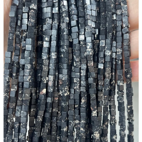No_385_Synthetic Black Imperial Jasper Cube Beads_3mm_(Sold Per Strand)