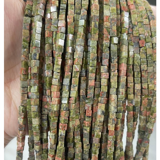 No_410_Natural Unakite Square Bead_3mm_(Sold Per Strand)