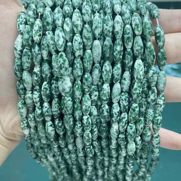 No_492_Natural Green Dot Stone Rice Beads_5*12mm_(Sold Per Strand)
