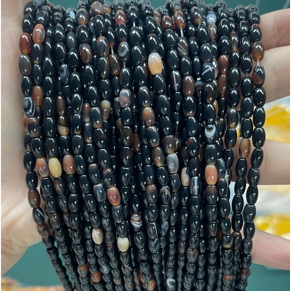 No_642_Natural Black Striped Agate Rice Beads_4*6mm_(Sold Per Strand)