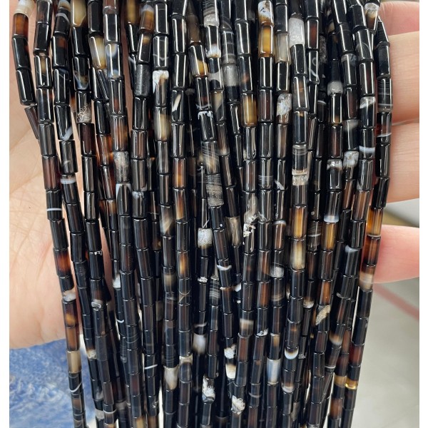 No_726_Natural Black Striped Agate Round Tube_6*3mm_(Sold Per Strand)