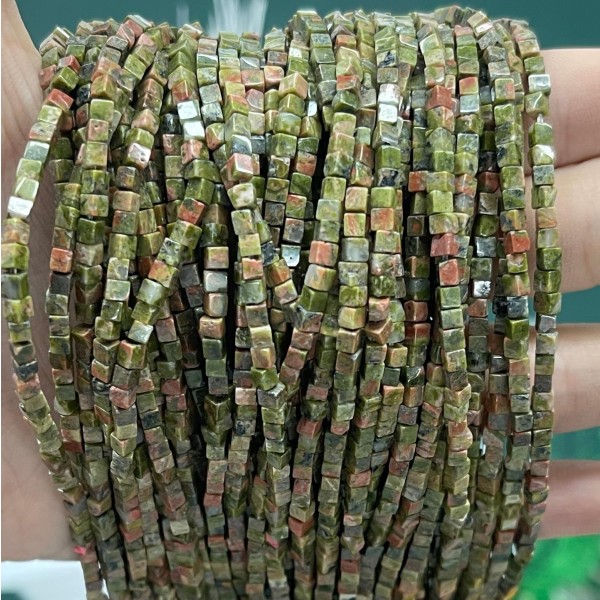 No_802_Natural Unakite Small Cubes_2mm_(Sold Per Strand)