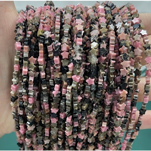 No_952_Natural Black Line Rhodochrosite Flat Five Pointed Star_4mm_(Sold Per Strand)